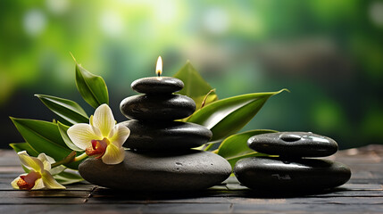 Towel on fern with candles and black hot stone on wooden background. Hot stone massage setting lit by candles. Massage therapy for one person with candle light. Beauty spa treatment and relax concept.