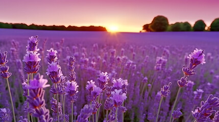 Fototapeta premium French lavender flowers field at sunset. AI generated