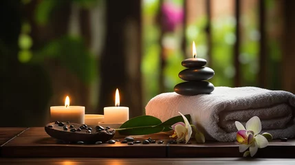 Papier Peint photo Spa Towel on fern with candles and black hot stone on wooden background. Hot stone massage setting lit by candles. Massage therapy for one person with candle light. Beauty spa treatment and relax concept.