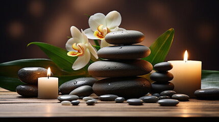 Towel on fern with candles and black hot stone on wooden background. Hot stone massage setting lit...