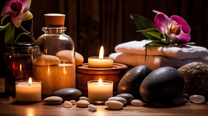 Fototapeta na wymiar Towel on fern with candles and black hot stone on wooden background. Hot stone massage setting lit by candles. Massage therapy for one person with candle light. Beauty spa treatment and relax concept.