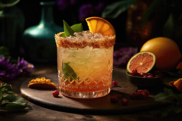 Tropical Alcohol Cocktail with Sugared Rim and Fresh Fruit Garnish, Refreshing Delight - Generative AI