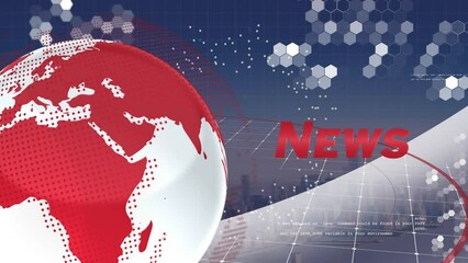 Animation of news text banner, spinning globe and data processing against aerial view of cityscape - Powered by Adobe