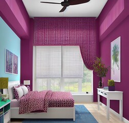 Bedroom with paintings, window, curtains, fan and lights