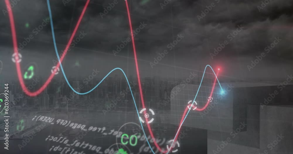 Poster animation of digital icons, data processing and glowing graphs against aerial view of cityscape