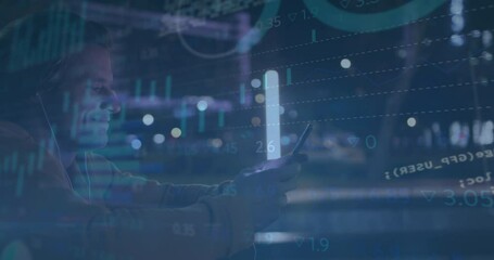 Animation of data processing against caucasian man smiling while using smartphone on the street - Powered by Adobe