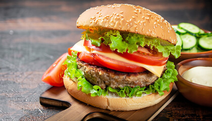 Homemade hamburger with lettuce, tomato, cheese and cucumber on a cutting board