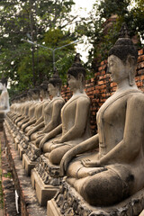 Buddha figures in line in a temple in Ayyuthaya