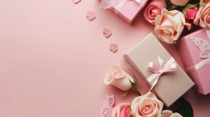 a collection of Gift box and pink flowers on pink pastel background for Valentine day banner design