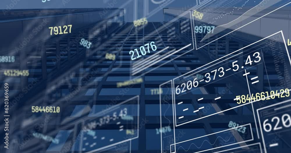 Aufkleber animation of changing numbers and hud interface screens over modern skyscraper in city