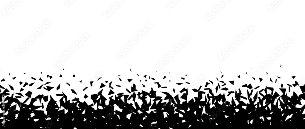 Poster debris and shatters in horizontal border. black broken pieces, specks, speckles, particles, shivers.