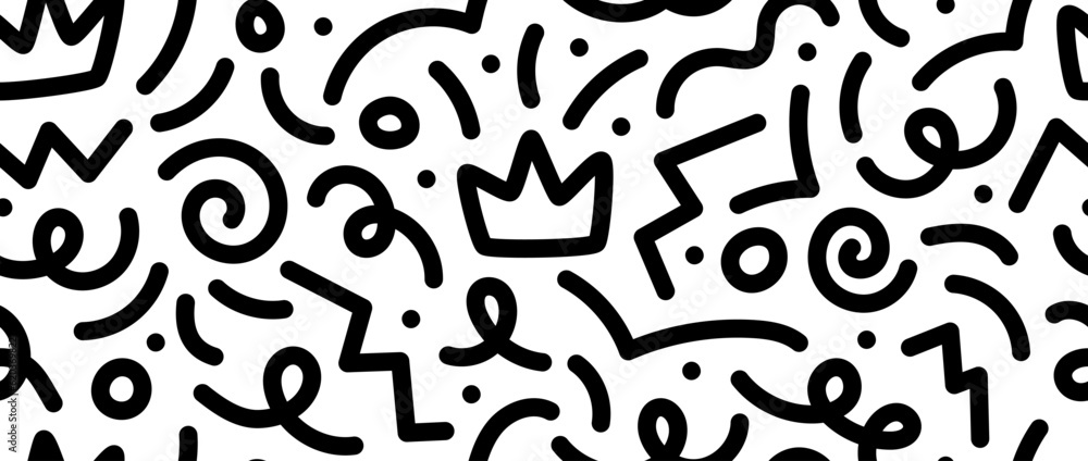 Poster funky doodle squiggly lines seamless pattern. black and white childish scribble repeating background
