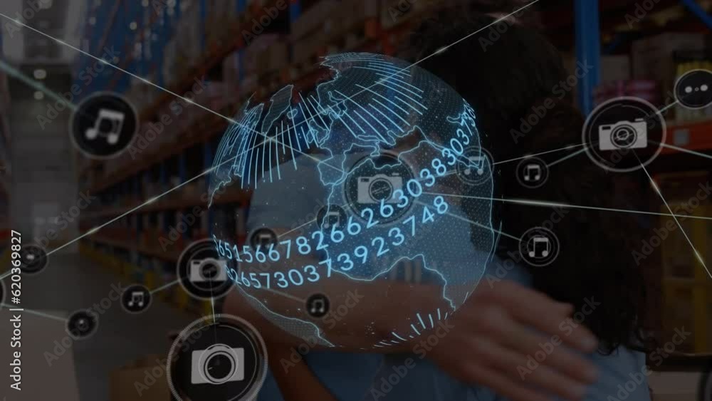 Poster animation of globe with numbers, connected camera and music icons over caucasian workers hugging