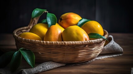 Fototapeta na wymiar Fresh Mango fruits in a bamboo basket with blurred background