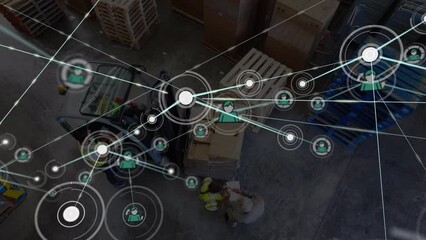 Animation of connected dots and profile icons, diverse workers with forklift, pallets in warehouse - Powered by Adobe