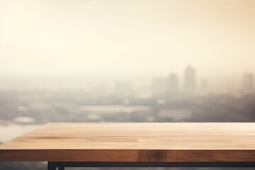 wooden table with a blurred cityscape background