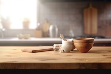 Fototapeta na wymiar rustic wooden table set with bowls and a spoon