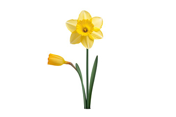 A daffodil, a type of flower, is seen on a transparent background without any other objects surrounding it. The daffodil stands alone, separated from its surroundings. - obrazy, fototapety, plakaty