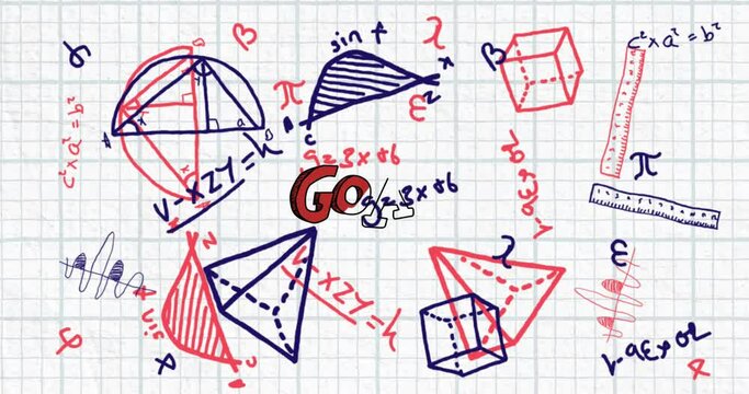 Animation of go text and mathematical formulae over white squared paper background