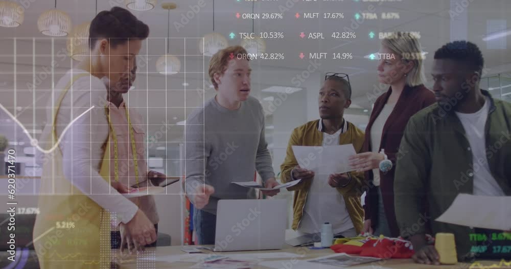 Poster animation of data processing against team of diverse fashion designers discussing together at studio