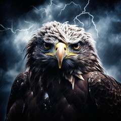 A close-up of an eagle in a storm