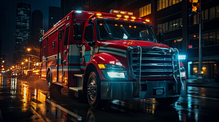 Modern ambulance on the street of the night city goes to the call. AI generated
