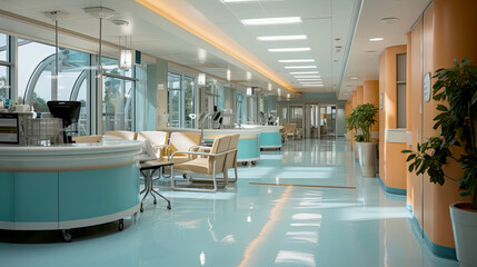 Interior project of a modern medical center, natural lighting. Hospital project idea. AI generated
