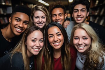 Obraz premium Happy and friendly international college students, embracing, pose in the library near the bookshelves. Group of fun millennials looking at camera, relationship concept
