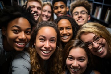 Obraz premium Happy and friendly international college students, embracing, pose in the library near the bookshelves. Group of fun millennials looking at camera, relationship concept