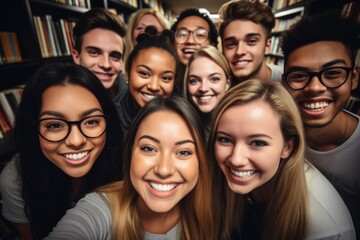 Happy and friendly international college students, embracing, pose in the library near the bookshelves. Group of fun millennials looking at camera, relationship concept