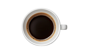 A view from the top of a transparent background with an isolated coffee cup containing black coffee, along with a clipping path.