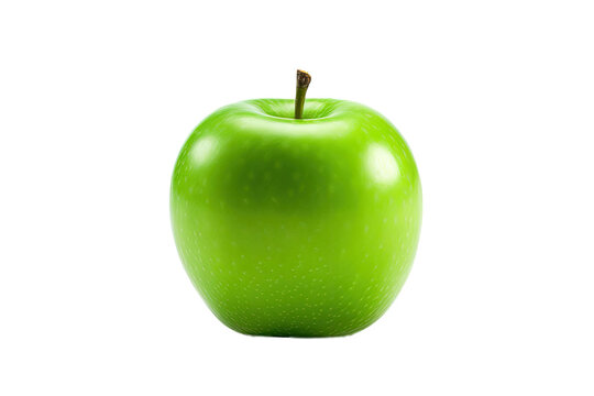 A perfectly fresh green apple is captured on a transparent background, with a full depth of field and a clipping path.