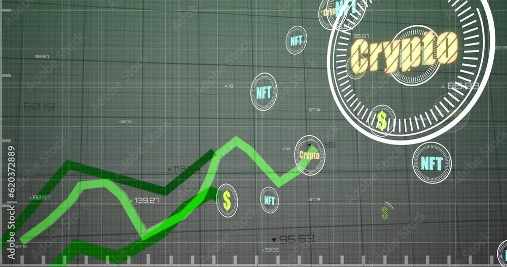 Poster animation of green line graphs representing growth and circles with nft, crypto and dollar signs