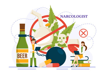 Narcologist Vector Illustration for Drug Addiction Awareness, Alcohol and Tobacco in Healthcare Flat Cartoon Hand Drawn Background Templates