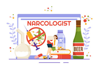 Narcologist Vector Illustration for Drug Addiction Awareness, Alcohol and Tobacco in Healthcare Flat Cartoon Hand Drawn Background Templates