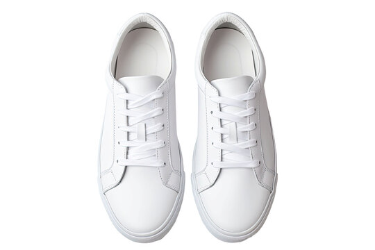 Top-down view of a stylish pair of fashionable sneakers resting on a plain transparent background.