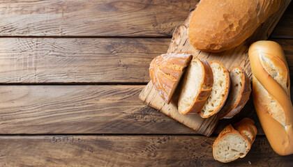 Fresh bread on wooden table. Top view with space for your text