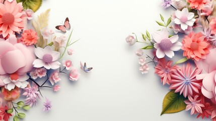 Fototapeta premium Floral border frame card template. multicolor flowers, leaves, for banner, wedding card. Springtime composition with copy-space, Generative AI illustration