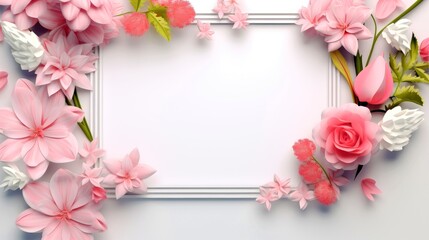 Floral border frame card template. multicolor flowers, leaves, for banner, wedding card. Springtime composition with copy-space, Generative AI illustration