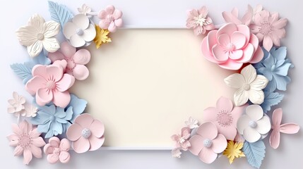 Fototapeta na wymiar Floral border frame card template. multicolor flowers, leaves, for banner, wedding card. Springtime composition with copy-space, Generative AI illustration