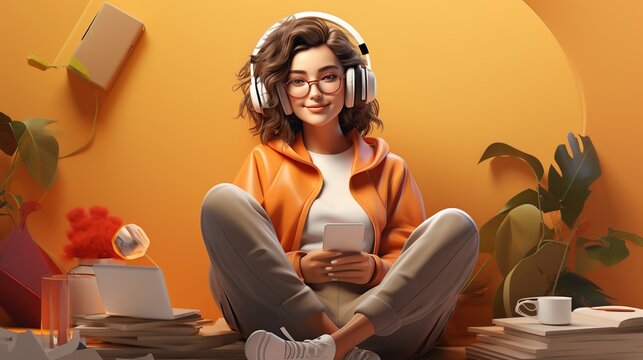 3d illustration of beautiful woman using headphones