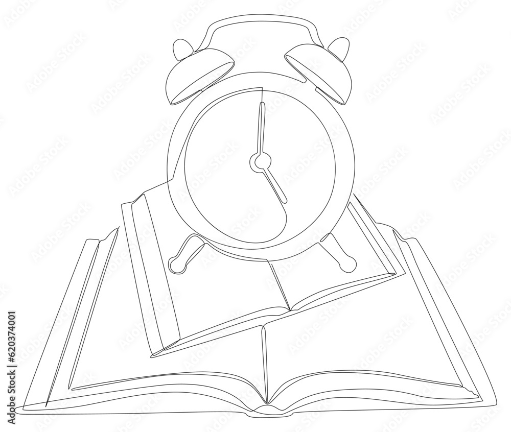 Poster one continuous line of book with alarm clock. thin line educational illustration vector concept. con