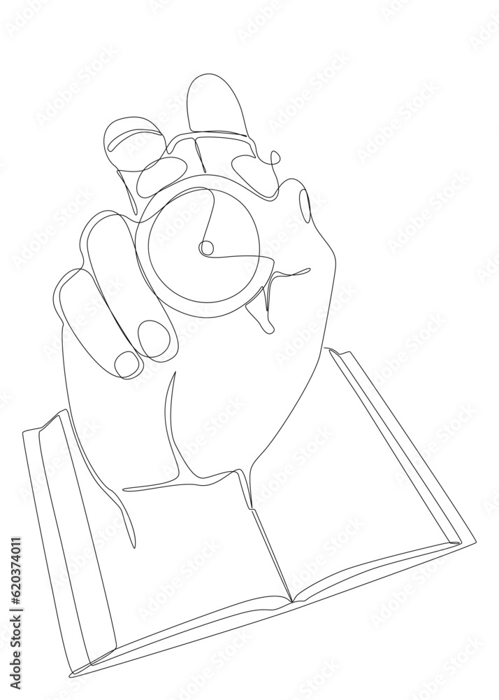 Poster one continuous line of book with alarm clock. thin line educational illustration vector concept. con