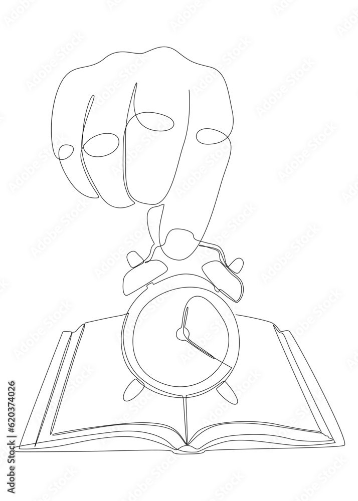 Poster one continuous line of book with alarm clock. thin line educational illustration vector concept. con