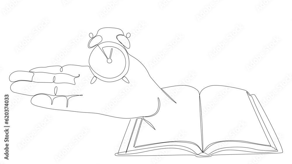 Poster one continuous line of book with alarm clock. thin line educational illustration vector concept. con