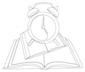 One continuous line of Book with Alarm Clock. Thin Line Educational Illustration vector concept. Contour Drawing Creative ideas for time to learn.