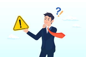 Businessman holding exclamation mark sign with concern to solve problem, concern or doubt to make decision, worried for problem or issue, attention or challenge ahead, distrust or trouble (Vector) - obrazy, fototapety, plakaty