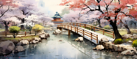 Fototapeta na wymiar a painting of a bridge with flowers and trees surrounding Generated by AI