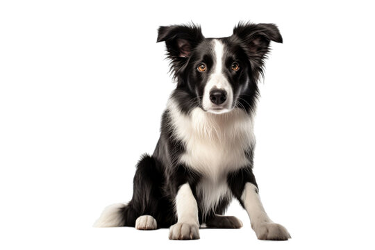 A young Border collie, black and white in color, sits and gazes upwards. It is one year old and appears alone against a transparent background.