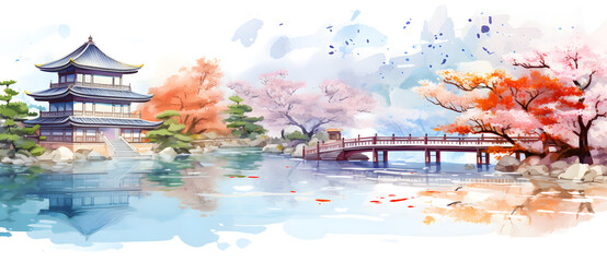 watercolor painting of a japanese temple and bridge Generated by AI